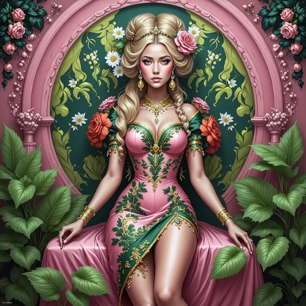 Prompt: a painting of a woman with a flower in her hair and a pink dress with green leaves around her, Anne Stokes, psychedelic art, highly detailed digital painting, an art deco painting