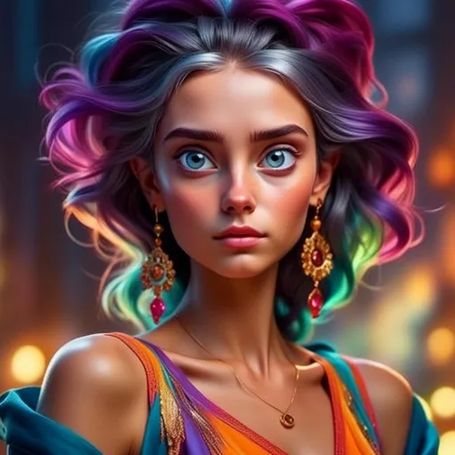 Prompt: <mymodel>digital painting, dramatic colourful makeup, high fashion, intense gaze, realistic portrayal, vibrant colors, detailed features, highres, professional, dramatic, realistic, digital painting, intense gaze, vibrant colors, detailed features, high fashion, glamorous lighting