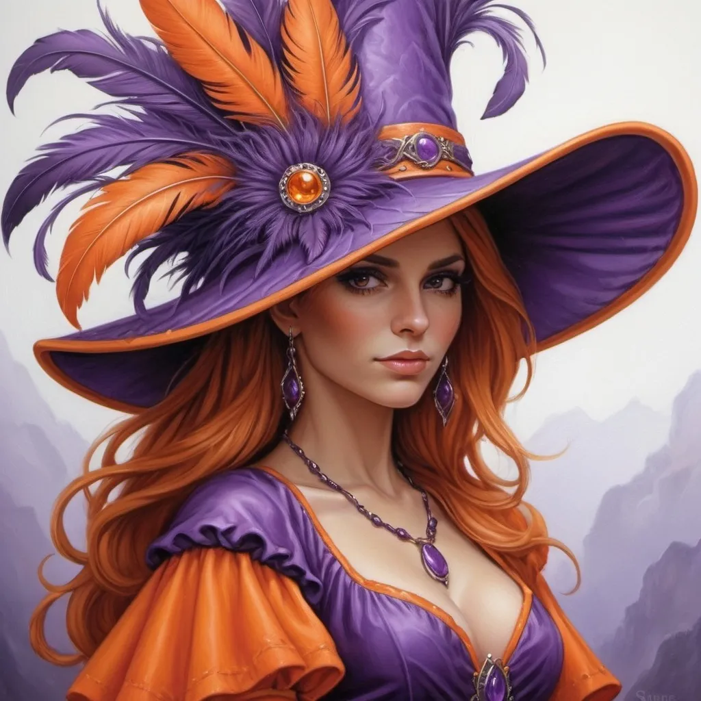 Prompt: a woman wearing a purple and orange hat and dress with feathers on it's head and a purple dress with orange trim, Anne Stokes, fantasy art, orange, a detailed painting