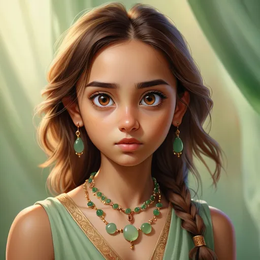 Prompt: Detailed realistic digital portrait of a young girl, brown eyes, jade jewelry, high quality, realistic, detailed eyes, digital art, natural lighting, warm tones