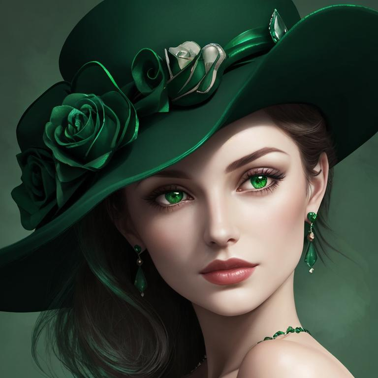 Prompt: Emerald lady wearing a emerald hat with emerald roses