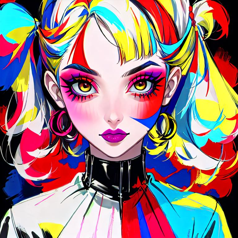 Prompt: A woman all in primary colors, pretty makeup