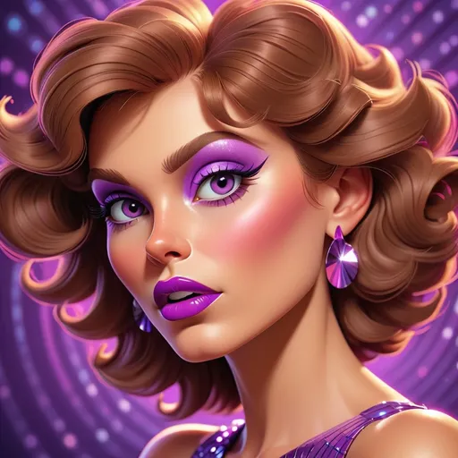 Prompt: Cartoon-style closeup illustration of a disco lady, light brown hair, vibrant  purple 80s makeup, detailed smooth lines, high quality, playful, detailed eyes, rosy cheeks, cartoon style, professional lighting