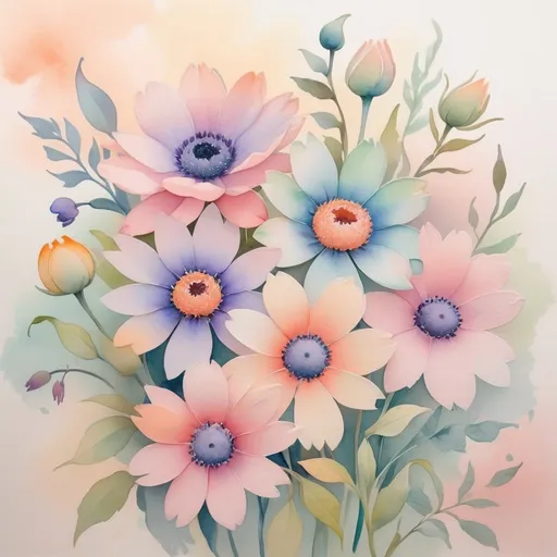 Prompt: watercolor painted flowers in pastel colors