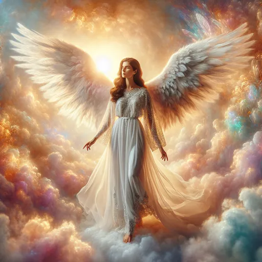 Prompt: (A heavenly angel), ethereal wings glowing softly, wearing a flowing white robe, adorned with gentle, silver accents, amidst a backdrop of fluffy, iridescent clouds, warm golden light filtering through, (serene atmosphere), conveying peace and purity, gracefully posed with an uplifting expression, highly detailed, (HD quality), vibrant colors blending seamlessly, creating a divine and tranquil scene.