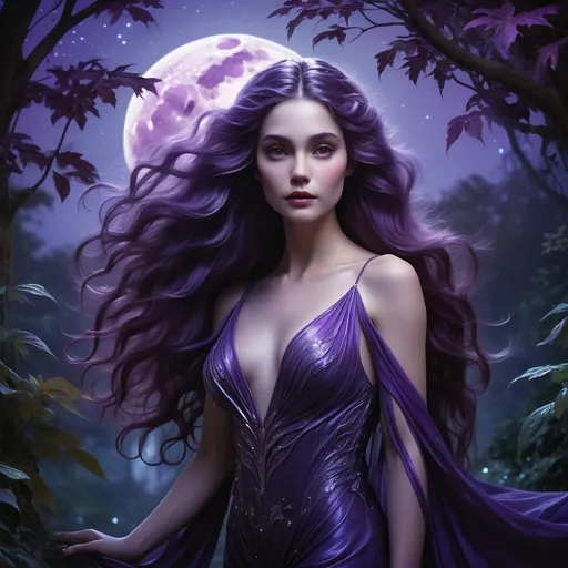 Prompt: In a mystical, twilight setting illuminated by a large, glowing moon, a striking figure emerges amidst a backdrop of lush, purple-tinged foliage. The character, a woman, exudes an ethereal elegance with long, flowing hair that mirrors the rich hues of the night sky, cascading in waves around her shoulders. Dressed in a form-fitting, shiny purple gown that accentuates her silhouette, she gazes intently with smoky, dramatic makeup that enhances her enchanting allure. The scene is imbued with a sense of mystery and magic, as the soft, moody lighting casts gentle shadows, creating an atmosphere that feels both dreamlike and slightly haunting. The overall composition emphasizes the interplay of dark and vibrant colors, drawing the viewer deeper into this captivating nighttime reverie.