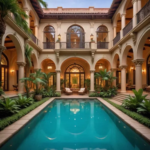 Prompt: Beneath the soft glow of warm lighting, a stunning courtyard unfolds, showcasing a serene swimming pool that reflects the vibrant hues of surrounding tropical foliage. Arched columns gracefully support the intricate architecture, framing large, elegantly designed windows that invite a gentle breeze and a touch of luxury to the space. Lush greenery, accented by colorful flowers, lines the edges of the pool, enhancing the tranquil atmosphere. The soft pastel tones of the walls harmonize beautifully with the ornate details of the structure, evoking a sense of elegance and relaxation. This enchanting scene embodies a peaceful oasis, perfect for retreat and rejuvenation.