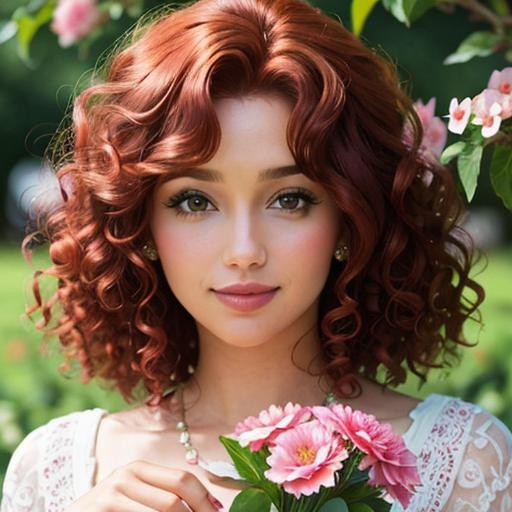 Prompt: a beautiful woman , auburn curly hair, lots of pretty pink flowers