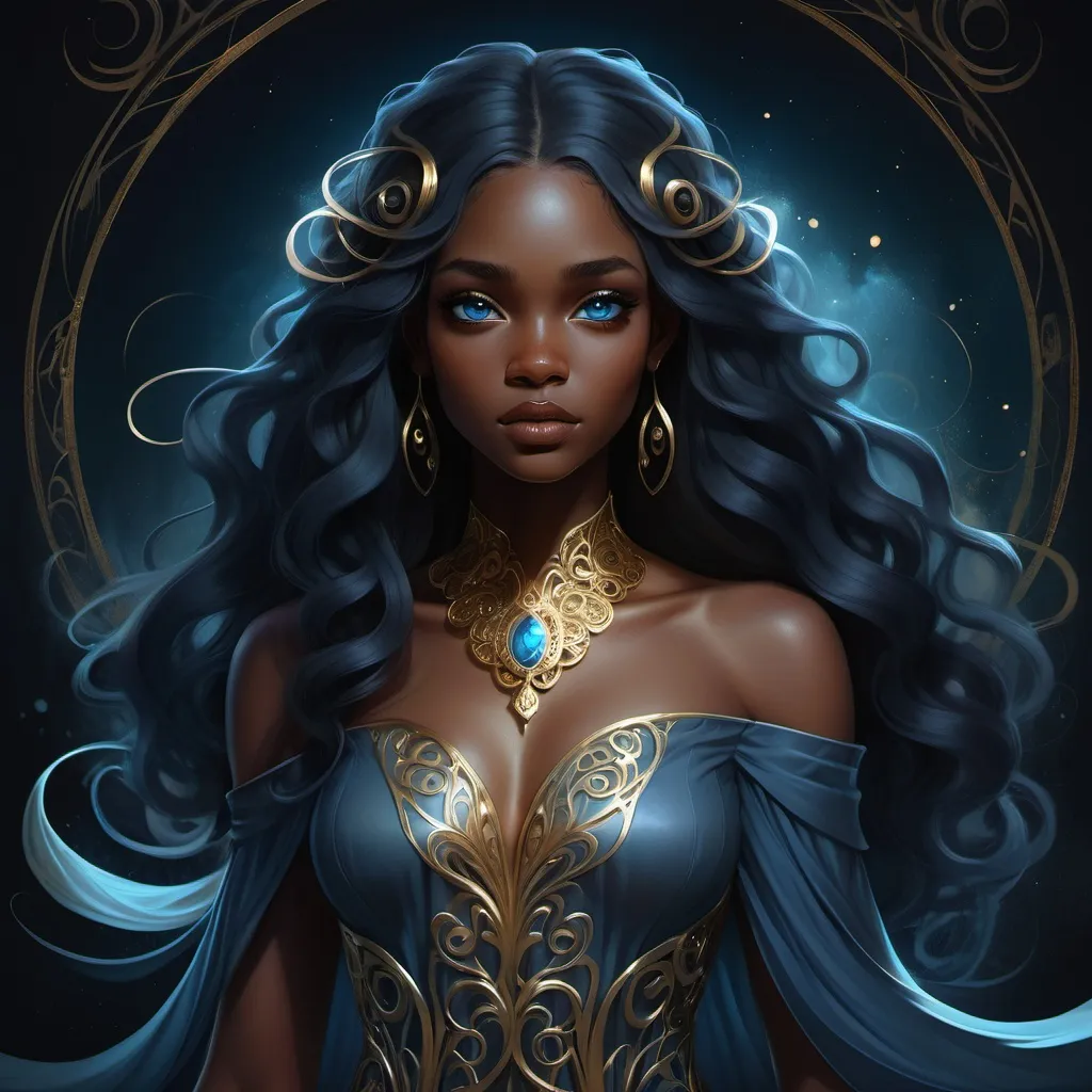 Prompt: a black woman with blue eyes with long hair and a dress with gold swirls on it, standing in front of a dark background, Anna Dittmann, fantasy art, dark fantasy art, a digital rendering