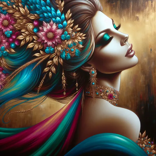 Prompt: <mymodel>beautiful woman, turquoise, gold, magenta, high quality, detailed, vibrant colors, elegant, luxurious, glamorous, realistic painting, warm lighting