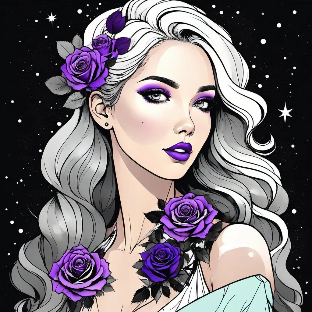 Prompt: Cosmic Epic Beauty, Beautiful and Gorgeous, purple roses in hair