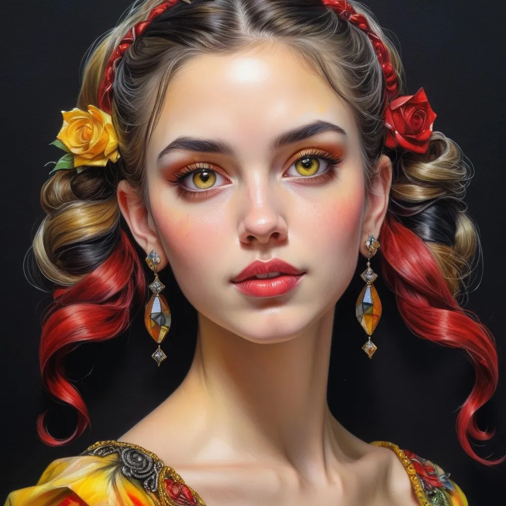 Prompt: <mymodel> beautiful woman, hair pinned up, yellow red black dress, earrings, Watercolor, trending on artstation, sharp focus, studio photo, intricate details, highly detailed, by  Josephine Wall and Jasmine Becket-Griffith