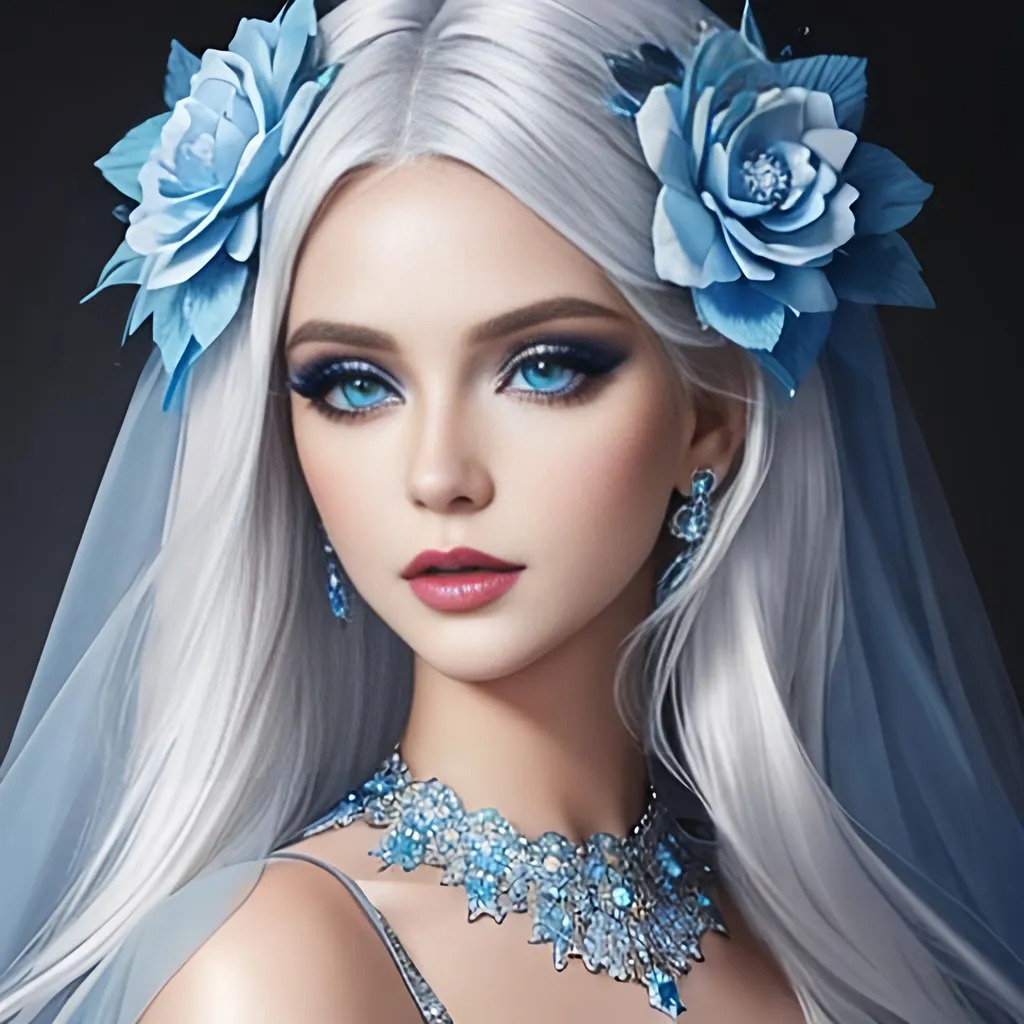 Prompt: A beautiful woman, white hair, blue eyes, blue eyeshadow, blue jewels o