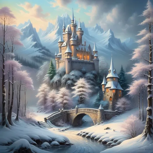 Prompt:  a painting of a castle surrounded by trees, beautiful fantasy painting, fairytale painting, whimsical fantasy landscape art, beautiful render of a fairytale, dream scenery art, snow landscape, winter scene fantasy, beautiful snowy landscape, snowy winter scene, thomas kinkade style painting, fairytale artwork, snow forest, adrian borda, snow scene, winter painting, beautiful winter area 