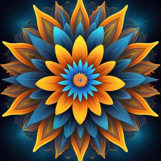 Prompt: a colorful flower with a blue background and yellow and orange petals in the center of the flower is a star, Android Jones, psychedelic art, dmt, digital art