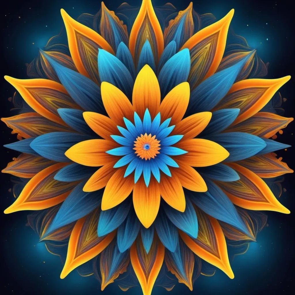 Prompt: a colorful flower with a blue background and yellow and orange petals in the center of the flower is a star, Android Jones, psychedelic art, dmt, digital art