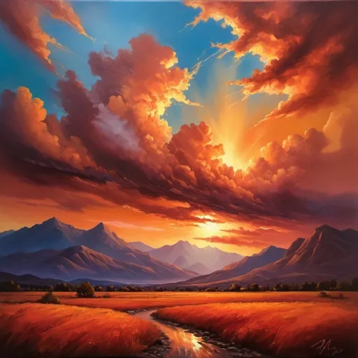 Prompt: Fiery sunset landscape, vibrant warm tones, detailed clouds, silhouetted mountains, dramatic lighting, high quality, oil painting, warm tones, detailed clouds, dramatic lighting, vibrant colors, professional