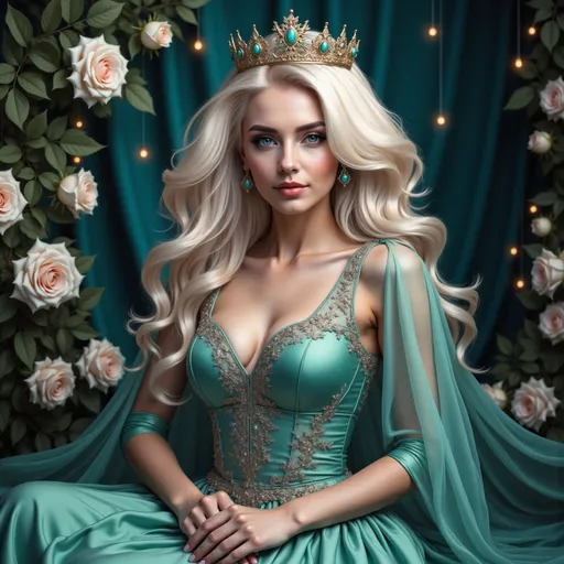 Prompt: A regal figure commands attention, adorned in an exquisite turquoise gown that elegantly cascades around her, complemented by a richly detailed cape. Her flowing, wavy blonde hair frames a delicate face, accentuated by striking makeup, particularly her luminous eyes and plump lips. A crown, embellished with golden stars and turquoise stones, rests atop her head, adding to her royal presence. Surrounding her are lush white roses and greenery that enhance the scene's elegance, while a backdrop of deep emerald fabric and twinkling stars evokes a sense of magic and enchantment. The overall composition radiates grace and sophistication, capturing a timeless fairy-tale essence.