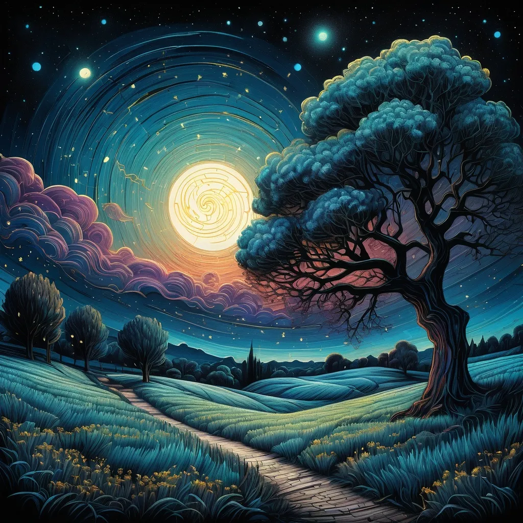 Prompt: a painting of a night sky with stars and a tree in the foreground and a path leading to the moon, Van Gogh sky,  Dan Mumford, psychedelic art, josan gonzales and dan mumford, a detailed painting