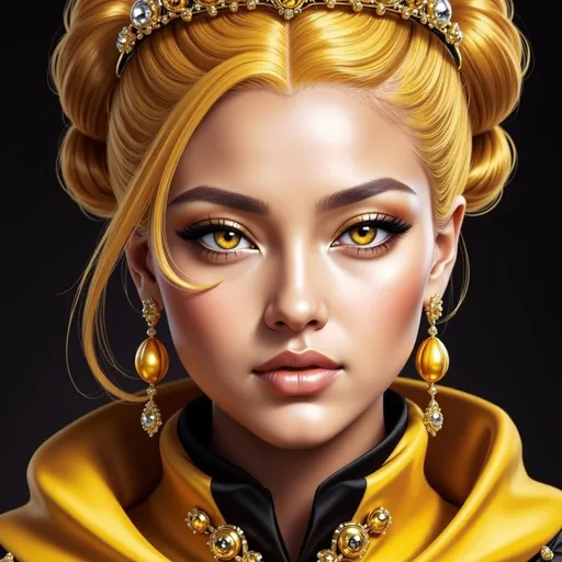 Prompt: <mymodel>Queen bee-A beautiful woman with golden hair arrainged in a top knot behind a gold tiara. Amber colored eyes, gown in colors of yellow and black, facial closeup