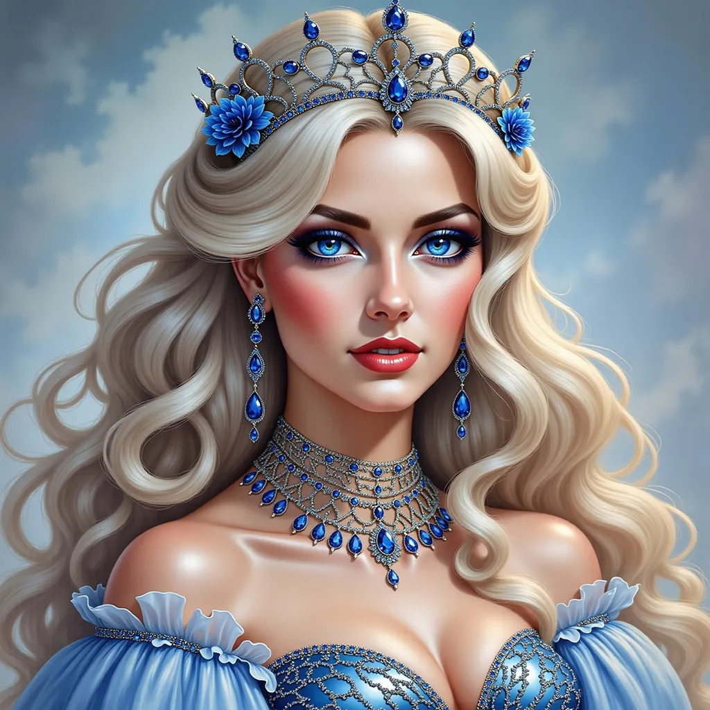 Prompt: a woman with a crown on her head and a necklace on her neck of sapphires, in a blue dress with flowers, Anne Stokes, fantasy art, highly detailed digital painting, a detailed painting