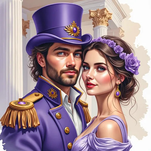 Prompt: This is a highly detailed, digital illustration featuring a young couple in regal attire. The man, positioned on the left, has fair skin, blue eyes, and a neatly trimmed beard. He wears a purple top hat adorned with a gold and purple crown emblem and a matching purple coat with gold epaulettes, a white shirt, and a purple cravat. The woman, on the right, has fair skin, large blue eyes, and dark brown, voluminous hair styled in an elegant updo. She wears a purple rose headband, a purple dress with a high collar, and purple earrings that match her headband. Both characters have soft, flawless complexions with subtle makeup that accentuates their features. The background features an ornate, classical architectural setting with white and gold columns, adding a sense of grandeur and formality to the scene. The image is rich in color and texture, with the purple attire contrasting beautifully against the white and gold background. The overall style of the illustration is realistic with a slightly romantic and fantasy-like quality, emphasizing the regal and elegant appearance of the couple.