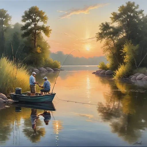 Prompt: Serene oil painting of a peaceful fishing scene, vibrant colors, impressionistic brush strokes, tranquil water reflections, detailed fishing rod and bait, golden hour lighting, professional art style, high quality, oil painting, peaceful, vibrant colors, impressionistic, tranquil water, detailed fishing rod, golden hour lighting, serene atmosphere