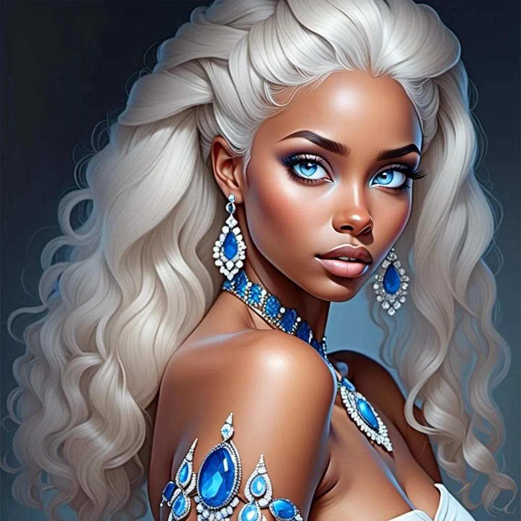 Prompt: <mymodel>A beautiful woman, white hair, blue eyes, blue eyeshadow, blue jewels o