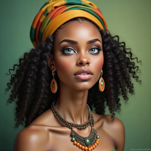 Prompt: Embodying a vibrant spirit, a young woman with expressive features poses confidently, adorned in striking accessories. Her long, curly hair frames her face, topped with a colorful head wrap in hues of orange and green, harmonizing beautifully with her intricately layered necklaces and large, bold earrings featuring golden and orange accents. The background radiates a soft, muted green, enhancing the warmth of her rosy cheeks and glossy lips, while her captivating, almond-shaped eyes draw the viewer in. The overall composition creates an atmosphere of cultural richness and vitality, revealing a narrative of self-expression and joy. The image blends striking colors and detailed textures, capturing the essence of elegance and tradition.