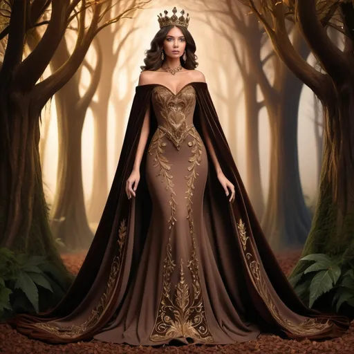 Prompt: Cocoa princess, rich chocolate tones, elegant gown with intricate details, regal crown adorned with gems, luxurious velvet cape, enchanting forest setting, warm and soft lighting, high quality, royal fantasy, detailed embroidery, majestic, opulent, graceful, royal, warm lighting