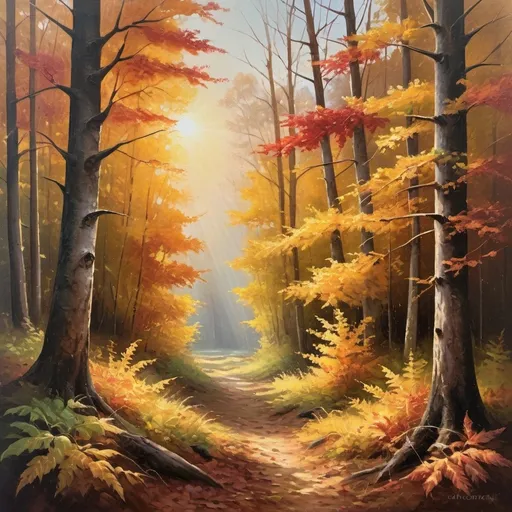 Prompt: Vibrant autumn forest scene, oil painting, colorful foliage, golden sunlight filtering through the trees, ultra-detailed, high quality, realistic, warm tones, peaceful ambiance, serene natural setting, detailed leaves and textures, scenic landscape, atmospheric lighting