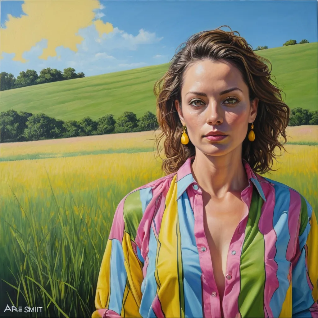 Prompt: <mymodel> a painting of a woman with a colorful shirt on and a green background with a blue sky and yellow and pink spot, Arie Smit, figurative art, realistic portrait, an oil on canvas painting