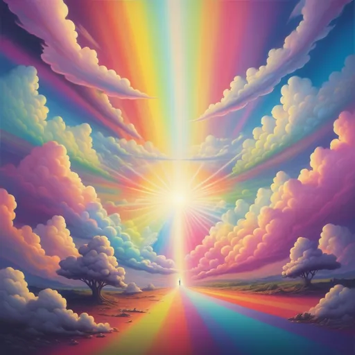 Prompt: a rainbow colored sky with clouds and a bright light coming from the center with a path to the light of the image, Chris LaBrooy, psychedelic art, colorful clouds, an airbrush painting