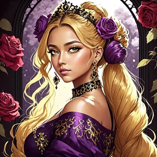 Prompt: <mymodel>Cosmic Epic Beauty, Beautiful and Gorgeous, purple roses in hair