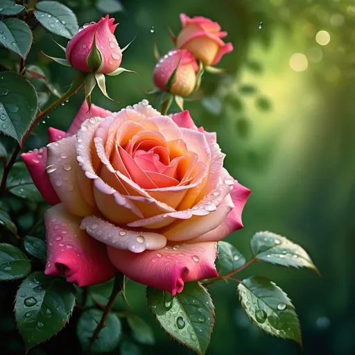 Prompt: (vibrant rose), richly detailed petals, lush green leaves, (soft, natural lighting), intricate shadows, dew droplets glistening, serene and romantic ambiance, (high definition), exquisite textures, blurred gentle background to enhance focal point, capturing the soft beauty and elegance of nature's masterpiece.