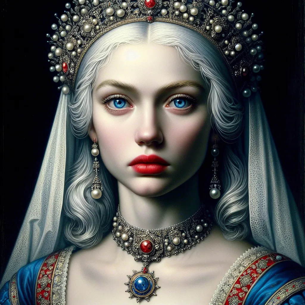 Prompt: a woman with  white hair, blue eyes, red lips, a tiara and pearls on her head and a red lip and a blue dress with a red and white collar, Anne Stokes, gothic art, highly detailed digital painting, a detailed painting