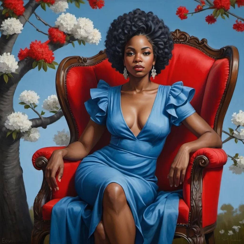 Prompt: a painting of a  black woman in a blue dress sitting on a red chair with a flowered tree in the background, Edwin Georgi, figurative art, highly detailed digital painting, a fine art painting