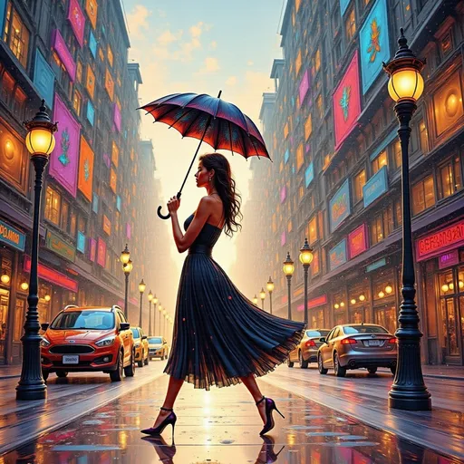 Prompt: a woman in a dress and umbrella walking in the rain on a city street with cars, Art Frahm, american scene painting, kinkade, an art deco painting