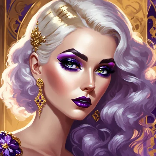 Prompt: <mymodel>Hypnotic bimbo  platinum  blonde   gold lips and purple eyeshadow 