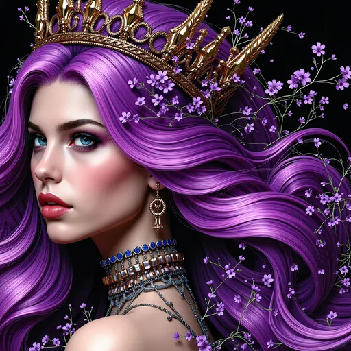 Prompt: a woman with purple hair and a crown on her head is wearing a necklace and a necklace with flowers, Anne Stokes, gothic art, highly detailed digital painting, a detailed painting