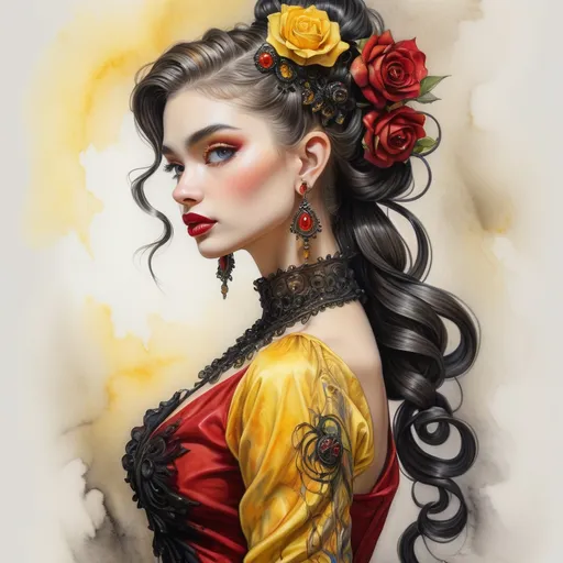 Prompt: <mymodel> beautiful woman, hair pinned up, yellow red black dress, earrings, Watercolor, trending on artstation, sharp focus, studio photo, intricate details, highly detailed, by  Josephine Wall and Jasmine Becket-Griffith