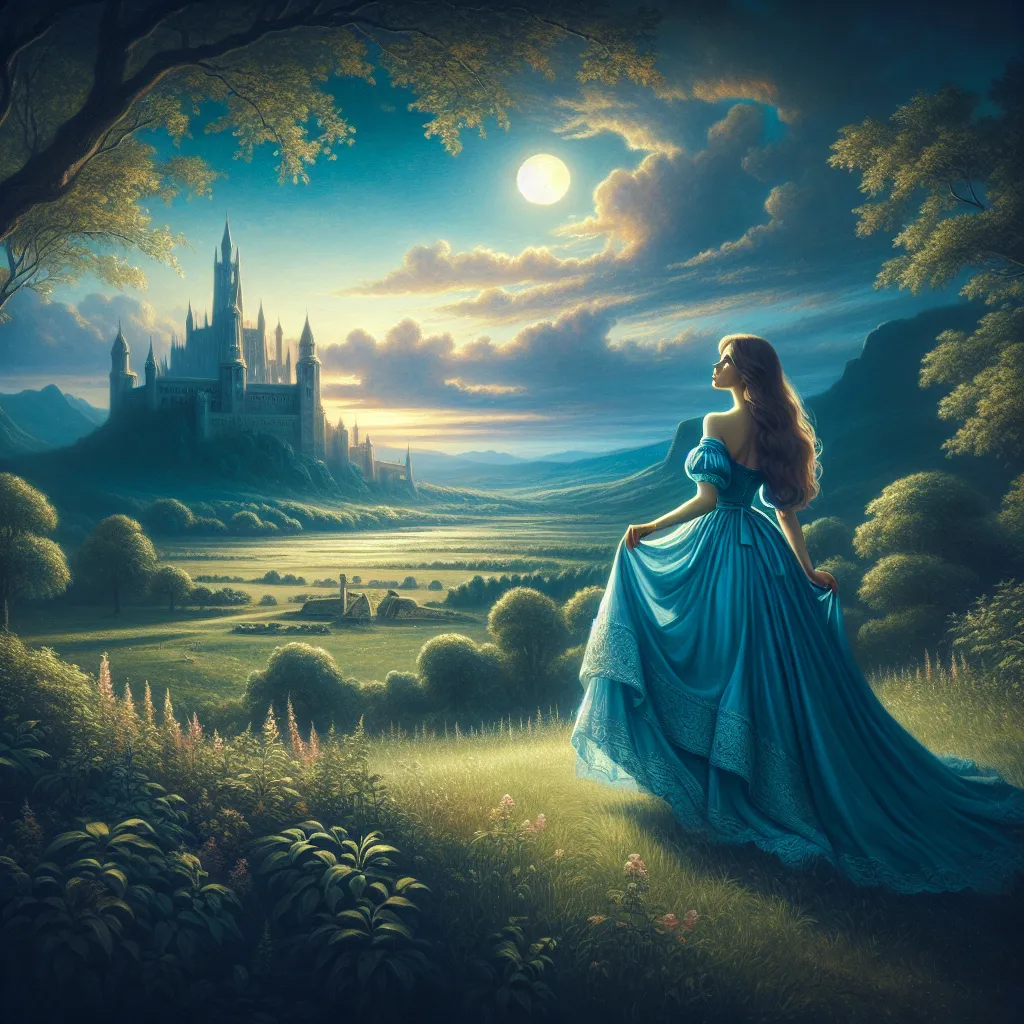 Prompt: a painting of a woman in a blue dress standing in a field with a tower in the background and a full moon in the sky, Anne Stokes, fantasy art, fantasy artwork, a storybook illustration