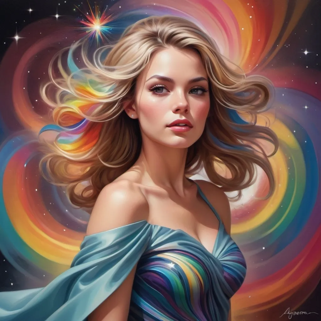 Prompt: a painting of a woman in a dress with a colorful swirl in the background and a star burst in the sky, Artgerm, figurative art, highly detailed digital painting, an airbrush painting