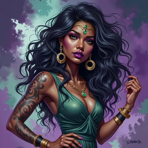 Prompt: This is a digital illustration in a vibrant, semi-realistic comic book style. The central figure is a striking, dark-skinned woman with an African-American or Afro-Caribbean appearance. She has long, voluminous, wavy black hair that cascades around her shoulders, and her green eyes are strikingly detailed with a hint of mystique. She wears a deep green, sleeveless top with a subtle, swirling pattern, which accentuates her ample cleavage. Her left arm is adorned with intricate black tattoos, while her right arm is partially visible and adorned with several gold bracelets.

She is accessorized with large, silver hoop earrings, a green gemstone necklace, and a gold headpiece that rests on her forehead. Her lips are painted a dark, rich purple, matching the overall color palette of the image. The background is a gradient of purple hues with abstract, brushstroke-like patterns in teal and white, adding a dynamic and ethereal feel to the illustration. The woman's confident pose, with one hand on her hip and the other touching her hair, exudes strength and elegance. The overall composition and color choices create a powerful and captivating visual effect.
