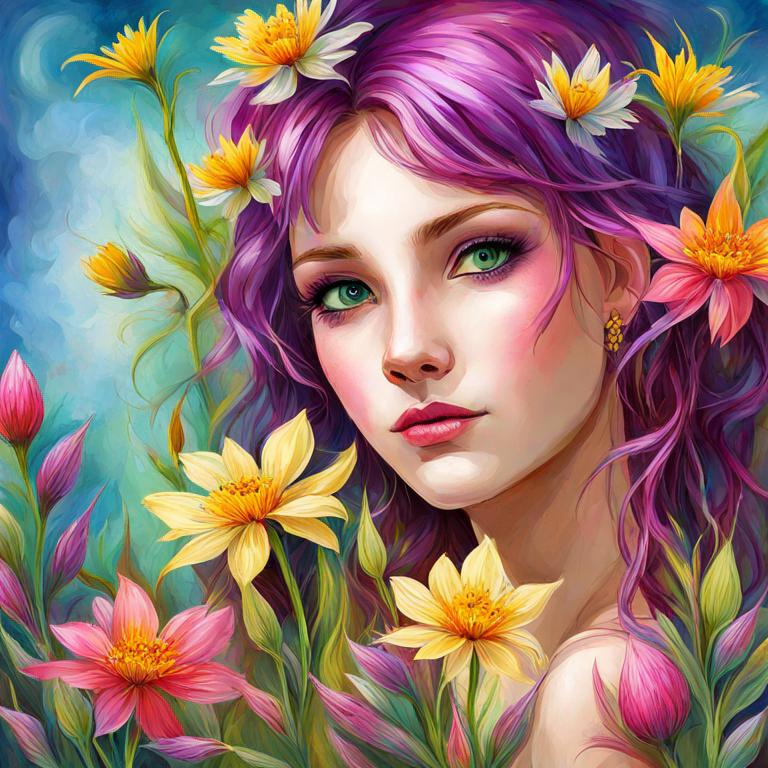 Prompt: a fairy of spring, ,wildflowers, vivid colors,  facial closeup