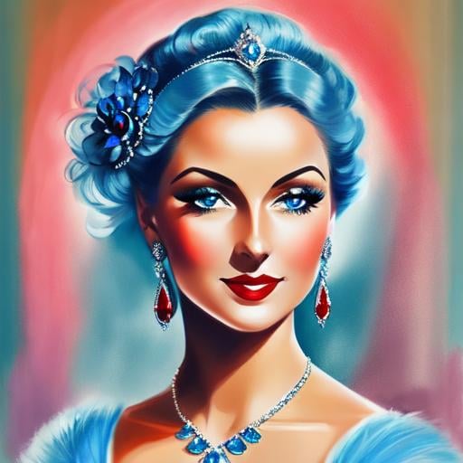 Prompt: Glamorously dressed lady of rhe 1930's wearing sapphire jewelry,blue eyes