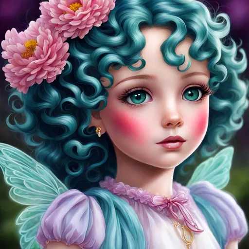 Prompt: a fairy of spring, Shirley temple curls, vivid colors, very cute, facial closeup