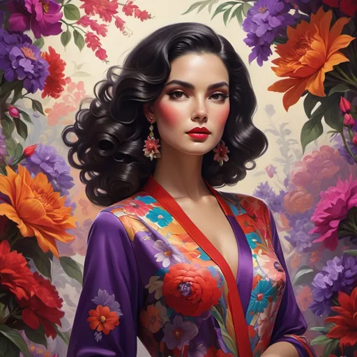 Prompt: Radiating elegance, a striking female figure gazes confidently from a vibrant backdrop adorned with intricate floral patterns and bold colors. Her smooth, dark hair is styled in classic waves, accentuated by a stunning arrangement of colorful blossoms, including red and purple flowers, adding a touch of nature's beauty to her look. Dressed in a meticulously designed garment featuring vivid floral motifs, she exudes grace and poise, highlighted by her flawless complexion and dramatic makeup, which includes a bold red lip and expertly applied eye makeup. The rich green and red hues of the background create a sense of harmony, while the overall composition conveys a celebration of culture and femininity, evoking a mood of sophistication and timeless beauty.