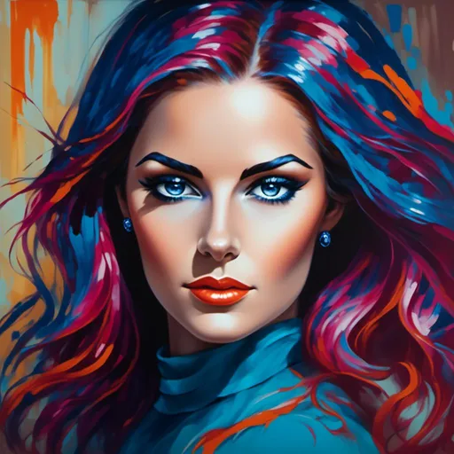 Prompt: <mymodel>Woman with blue/orange colorscape, abstract art, vibrant brush strokes, high contrast, oil painting, flowing hair, intense gaze, surreal atmosphere, best quality, vibrant, abstract, oil painting, high contrast, intense gaze, surreal, flowing hair, professional, atmospheric lighting