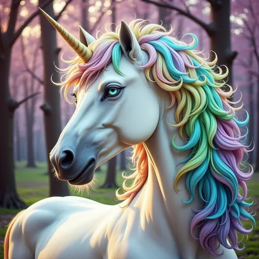 Prompt: a unicorn with a rainbow mane and blue eyes standing in the woods with trees in the background and a light shining on it, Anne Stokes, fantasy art, fantasy style, a digital rendering